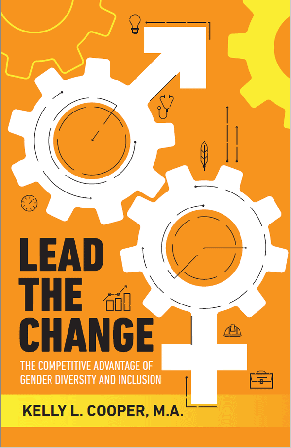 Lead the Change book cover - shows two gears - one with male symbol with the arrow and the other female symbol with the cross/plus